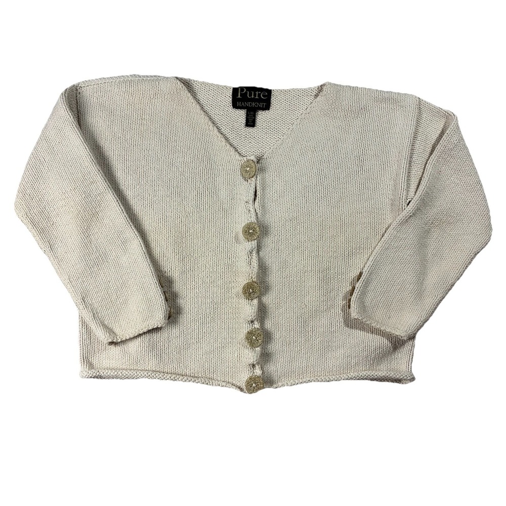 Pure Handknit V-neck Chunky Knit Cardigan Ivory Women's L/XL Cottagecore Boho